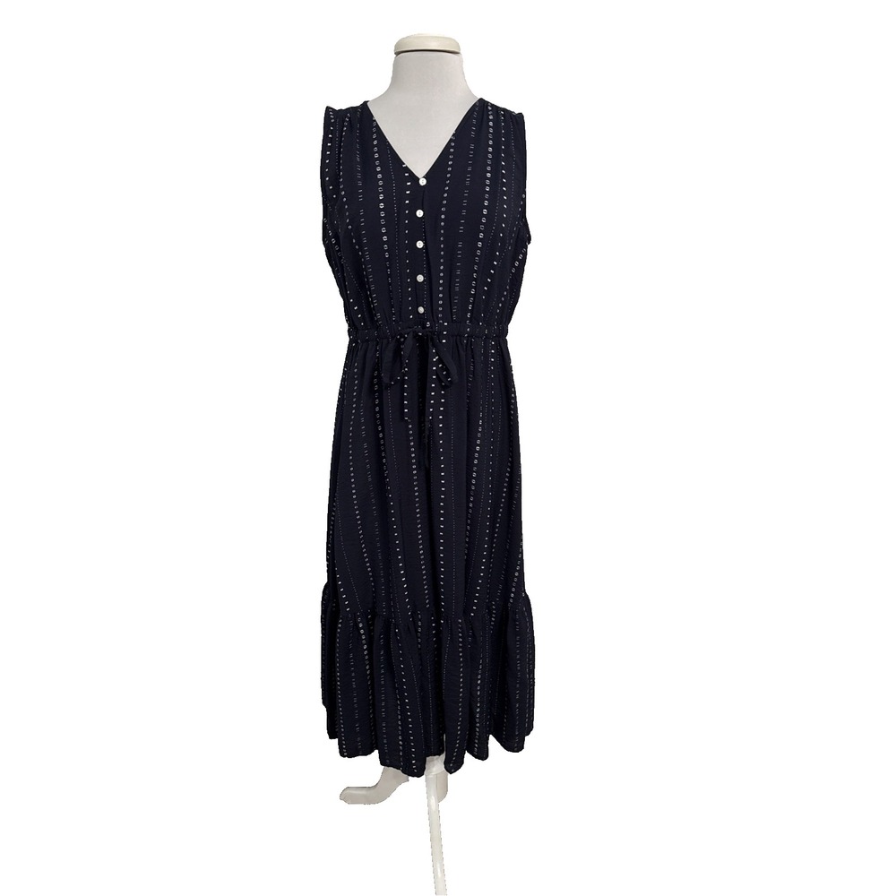 Sonoma Goods For Life Navy Blue Dobby Textured Midi Ruffle Dress PL Cottagecore